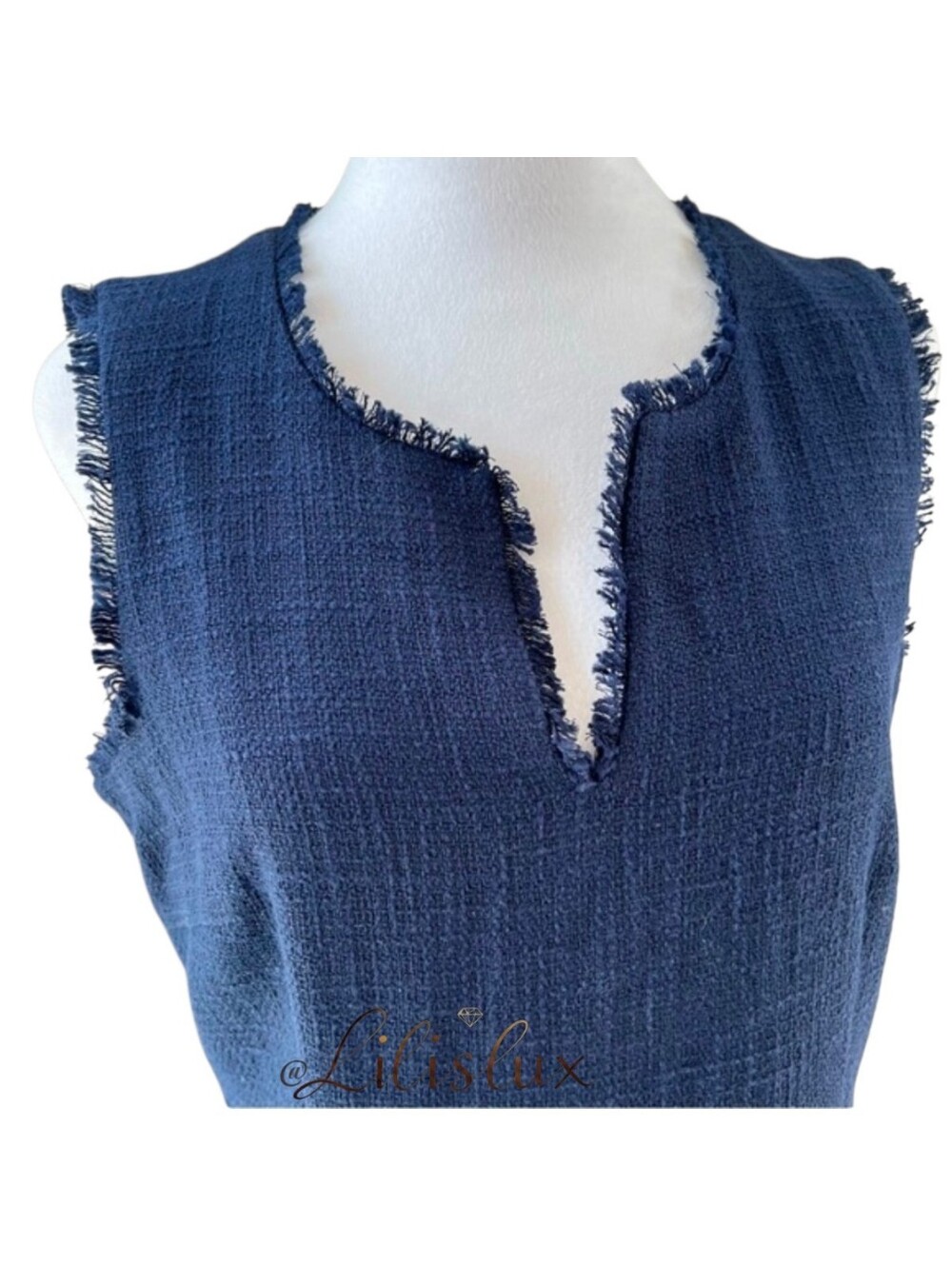 KARL LAGERFELD PARIS Sleeveless Tweed Fringe Sheath Dress Navy Size 10 EUC - Picture 4 of 15